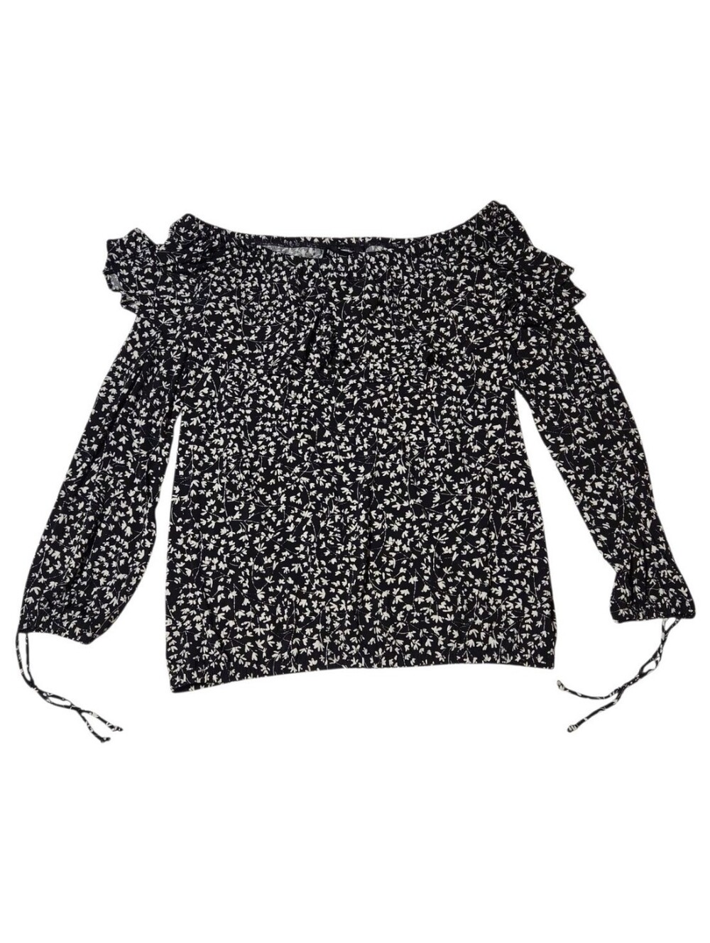 Frank Lyman Montreal Womens Sz 6 Blouse Ruffle Ditsy Floral Black White Top